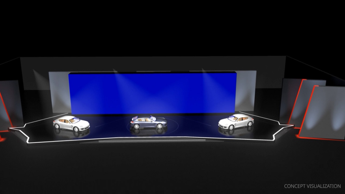 Frames from the presentation animatic that show how the LED walls change from a strong opposition into a fusion of powers while creating the space for the cars to come to stage.